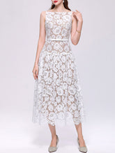 Load image into Gallery viewer, White Floral Sleeveless Boat Neck A-Line Wedding Lace Dress