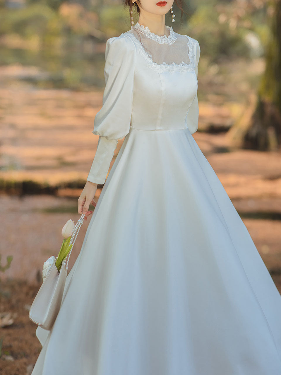 White Lace Semi Sheer Stain Long Sleeve Vintage 1950S Weddding Dress