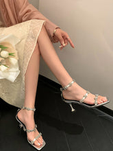 Load image into Gallery viewer, Women&#39;s Square Toe Flower Rhinestones Stiletto Sandals Leather Vintage Shoes