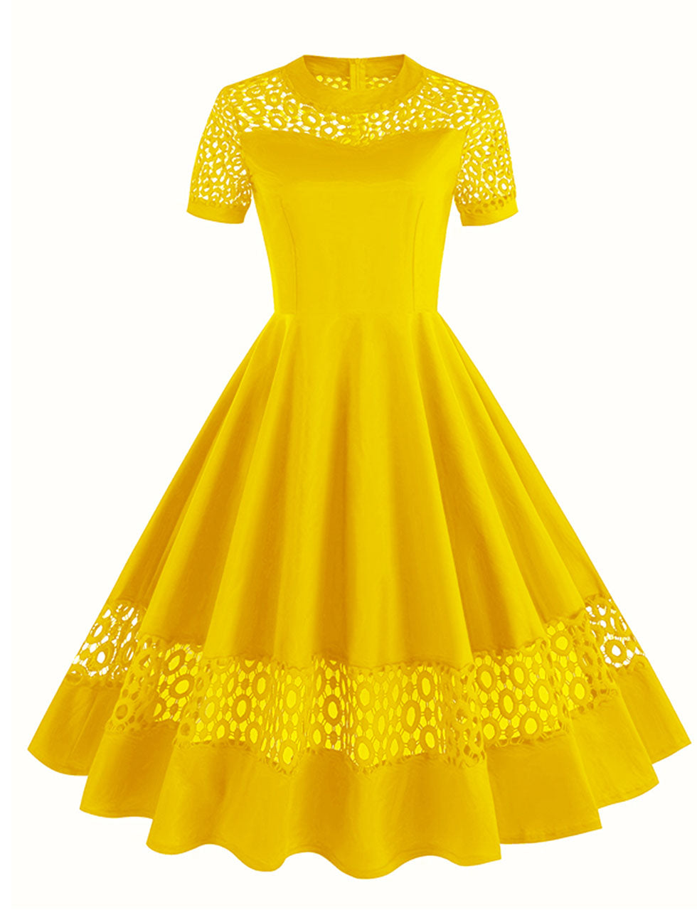 Yellow Semi Mesh Lace Short Sleeve 50S Swing Dress, Yellow / 2XL Yellow Semi Mesh Lace Short Sleeve 50S Swing Dress, Yellow / 2XL