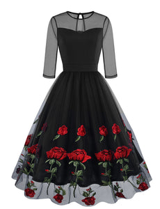 Solid Color Rose Embroidered Crew Neck 1950S Vintage Swing Dress