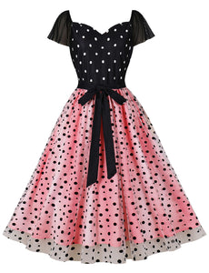 1950s Pink And Black Polka Dots With Butterfly Sleeve Vintage Dress