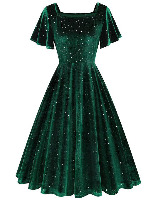 Christmas Green Square Collar Sequins Velvet 1950S Vintage Swing Dress