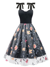 Load image into Gallery viewer, Black Floral Strap Lace 1950s Vintage Swing Dress