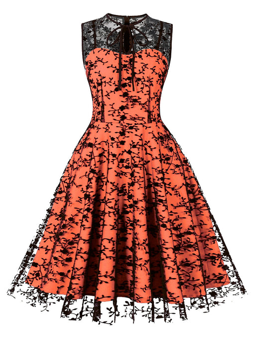 1950S Lace Semi-Sheer Flocking Printing Vintage Halloween Dress
