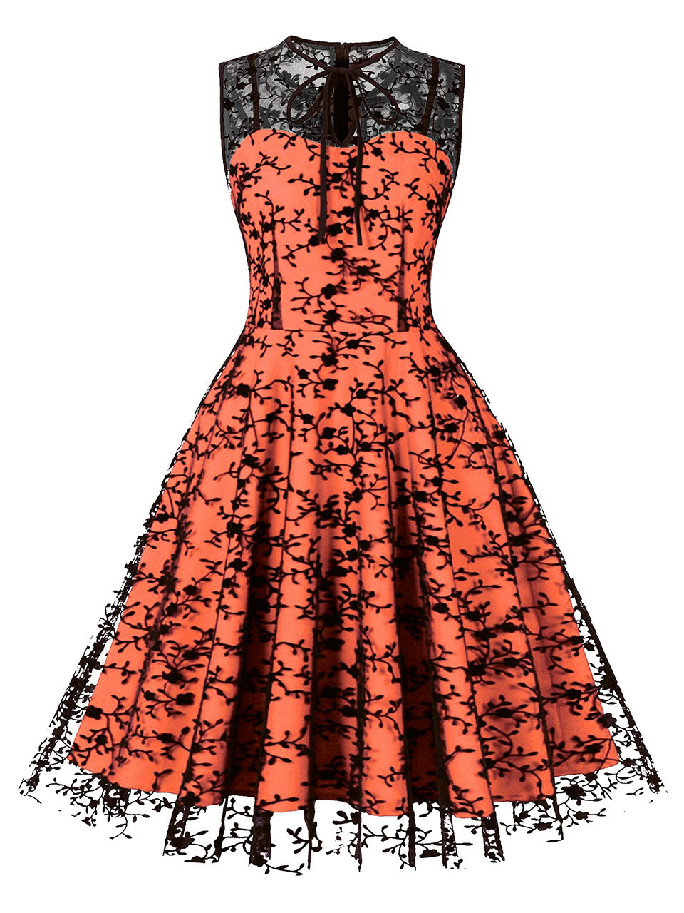1950S Lace Semi-Sheer Flocking Printing Vintage Halloween Dress