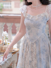 Load image into Gallery viewer, Blue Square Collar Lace Floral Print Ruffles Vintage 1950S Dress