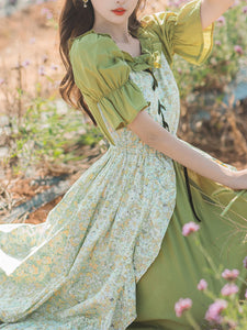 Green Ruffle Collar Floral Print Short Sleeve Vintage Dress