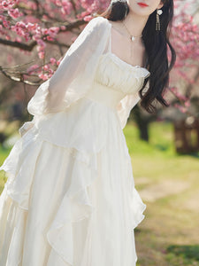 White Square Collar Long Sleeve Ruffles Vintage 1950S Dress