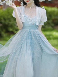 2PS Baby Blue Embroidered Butterfly Vintage Dress With Puff Sleeve Cardigan Suit