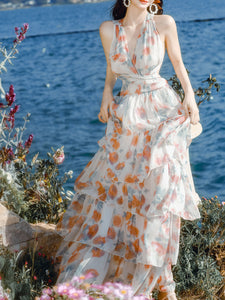 Pink V Neck Backless Floral Print Vintage 1950S Dress