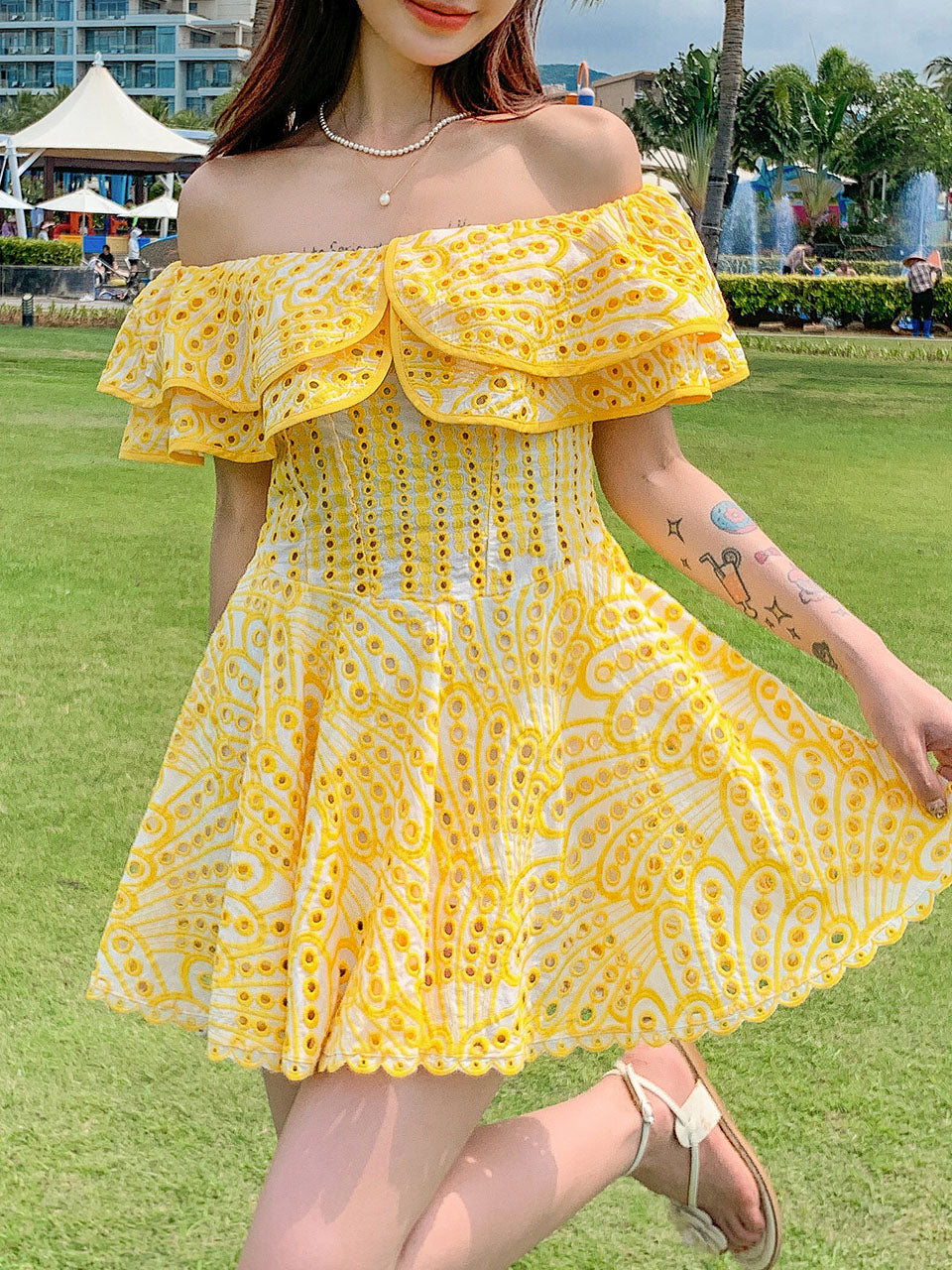 Women's Bohemian Yellow Off The Shoulder Hollow Lace Boho Dress Jolly Vintage Women's Bohemian Yellow Off The Shoulder Hollow Lace Boho Dress Jolly Vintage