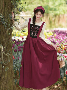 Wine Red Square Collar Cottagecore Long Sleeve Vintage 1950S Swing Dress With Scarf