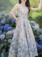 Load image into Gallery viewer, 2PS Blue Daisy Floral Print Spaghetti Strap Dress With White Shawl Dress Suit