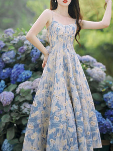 2PS Blue Daisy Floral Print Spaghetti Strap Dress With White Shawl Dress Suit