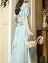 Load image into Gallery viewer, Baby Blue Cotton Fabric with Rose Embroidery Vintage Lace Dress