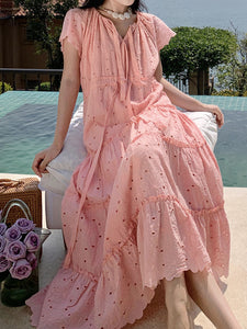 Women's Bohemian Pink A Line Summer Embroidery Fabric Robe Maxi Dress