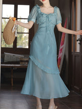 Load image into Gallery viewer, Blue Square Neck Ruffles Chiffon Retro Dress