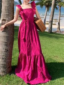 Women's Bohemian Rose Ruffles Sleeveless A Line Summer Embroidery Fabric Maxi Dress