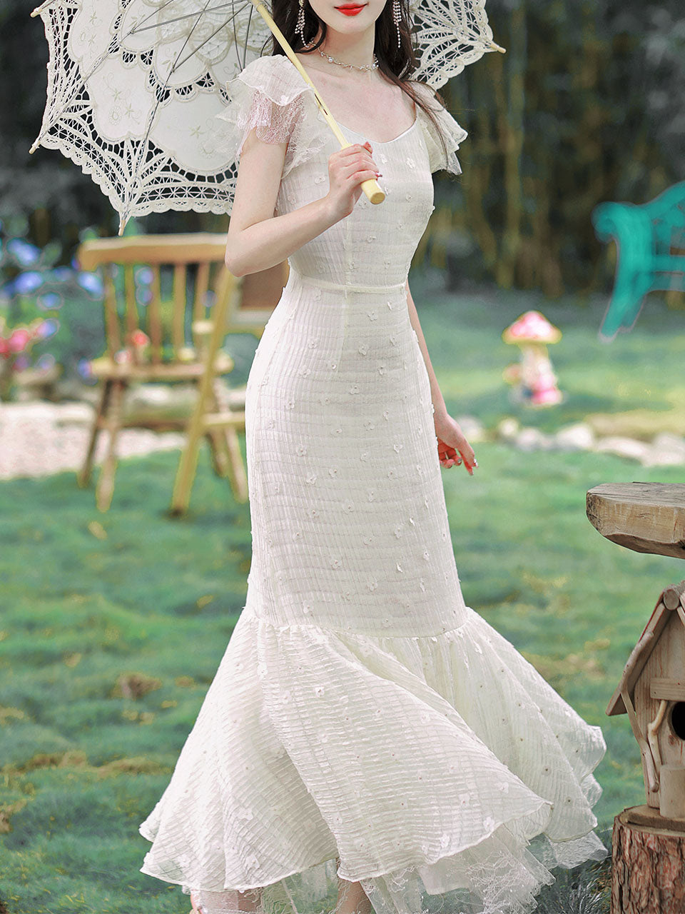 White Embroidery Lace Romantic Luxury Wedding Fishtail Dress for Women, White / L