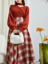 Load image into Gallery viewer, 2PS Red Sweater And Scottish Plaid Swing Skirt 1950S Vintage Audrey Hepburn&#39;s Style Outfits