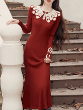 Load image into Gallery viewer, 1940S Red High Waist Knitted Sweater Long Sleeve Vintage Dress