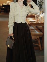Load image into Gallery viewer, White Lace V Neck Top and Brown Velvet Swing Skirt Dress Set