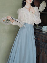Load image into Gallery viewer, 1950S Vintage Embroidered  White Shirt And Blue Swing Skirt Set