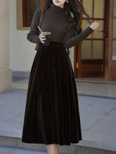 Load image into Gallery viewer, Brown Flower Turtleneck Sweater and Velvet Swing Skirt Dress Set