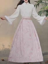 Load image into Gallery viewer, 2PS Pink Stand Collar Bell Sleeve Embroidered Top and Horse-face Skirt Vintage Suits