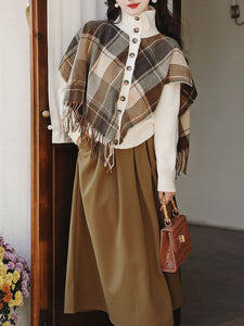 2PS Brown Plaid Turtleneck Knitted Fringed Sweater And Swing Skirt 1950S Vintage Audrey Hepburn's Style Outfits