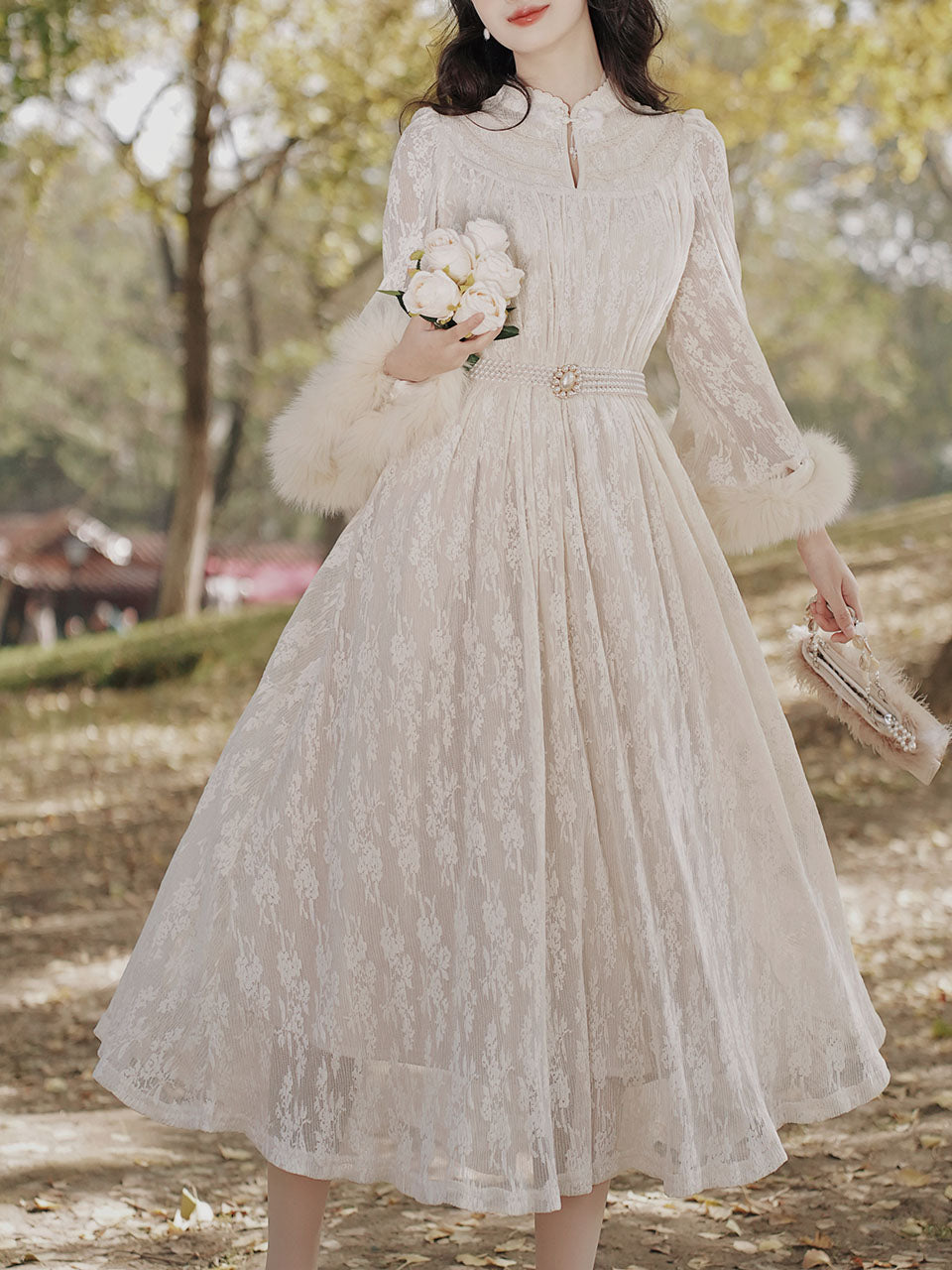 Apricot Lace Fur Sleeve 1950S Vintage Dress With Pearl Belt, Apricot / XS Apricot Lace Fur Sleeve 1950S Vintage Dress With Pearl Belt, Apricot / XS