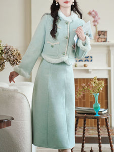 2PS Green Long Sleeve Warm Coat With Suspender Skirt Vintage Suit