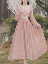 Load image into Gallery viewer, Pink Rose Girl Retro Lace V-neck Chiffon Long Lantern Sleeve Coquette Dress