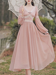 Pink Rose Girl Retro Lace V-neck Chiffon Long Lantern Sleeve Coquette Dress