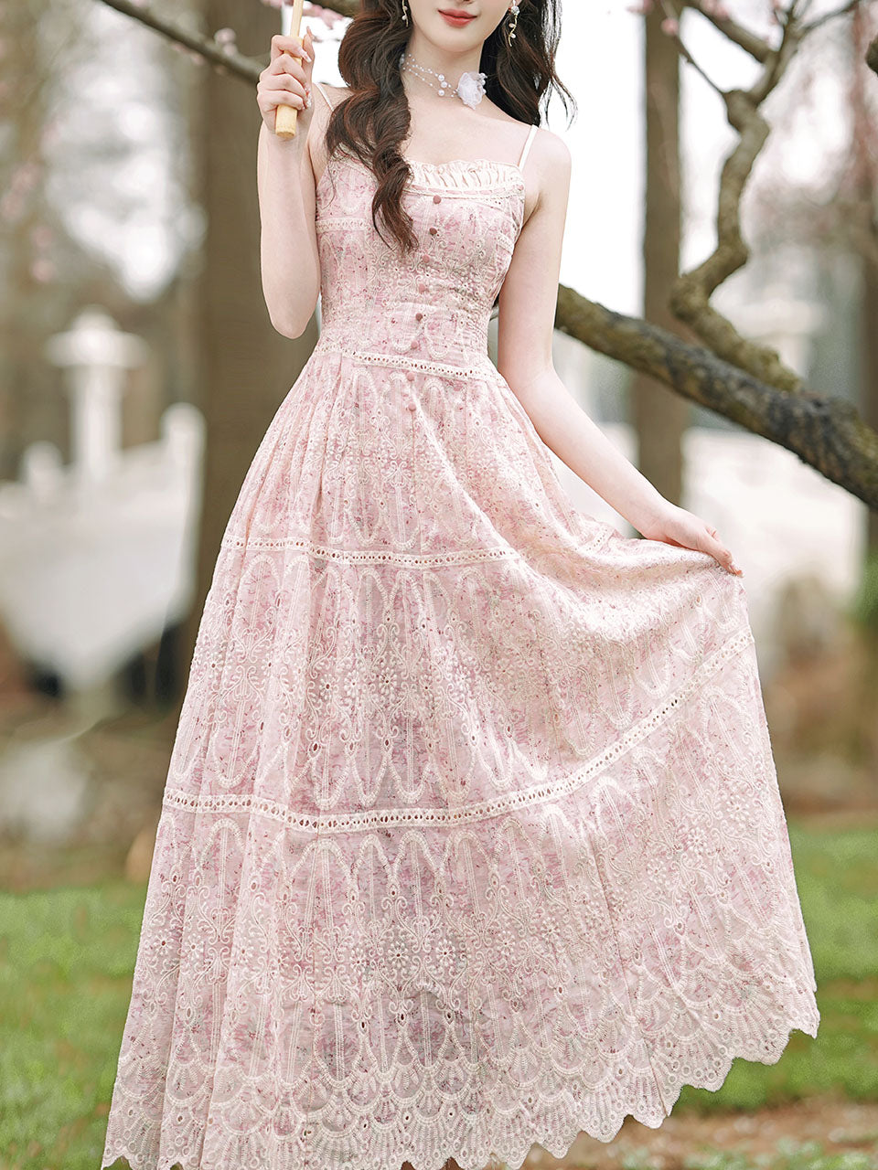2PS Pink Embroidered lace Spaghetti Strap Dress With White Shawl Dress Jolly Vintage 2PS Pink Embroidered lace Spaghetti Strap Dress With White Shawl Dress Jolly Vintage