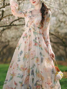 1950S White Ruffles V Neck Floral Print Swing Dress For Women