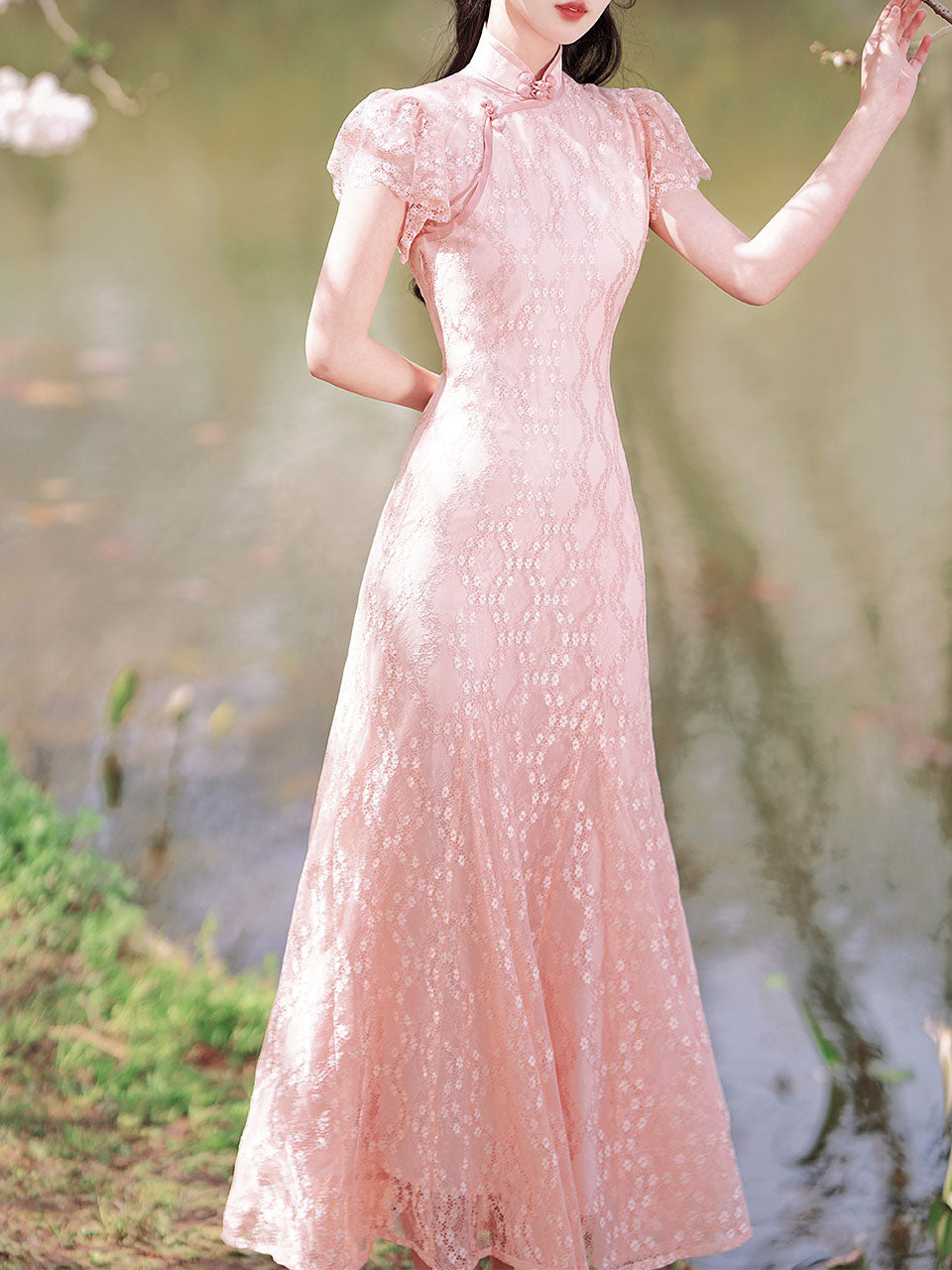 Pink Lace Puff Sleeve Cheongsam Fishtail Vinatge Dress
