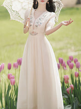Load image into Gallery viewer, White V Neck Short Embroidered Puff Sleeve 1950S Vintage Dress