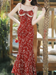 Red Floral Strap Fishtail Dress with Cardigan Vintage Outfit