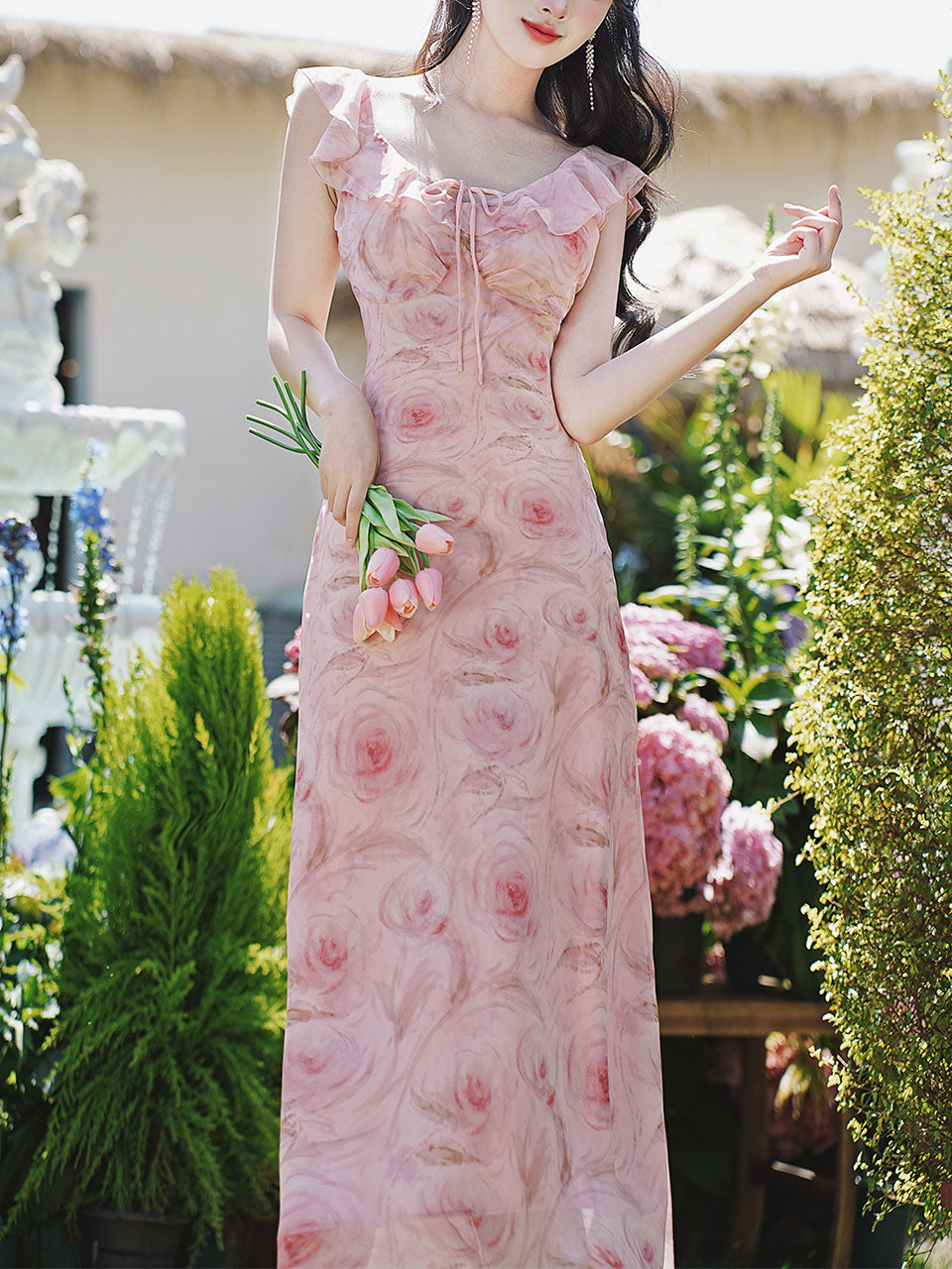 Lychee Rose Ruffle Round Neck Bodycon Chiffon Dress, Pink / L Lychee Rose Ruffle Round Neck Bodycon Chiffon Dress, Pink / L