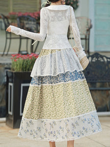 1950S Vintage White Lace Top and Flowers Print Swing Skirt Vintage Cottagecore Outfits