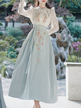 Load image into Gallery viewer, 2PS Blue Stand Collar Embroidered Top and White Horse-face Skirt Vintage Suits