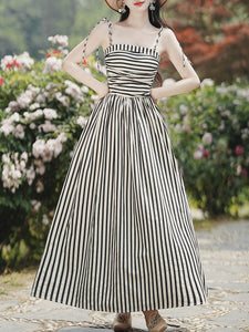 1950S Hepburn Style Black and White Stripe Swing Dress For Women