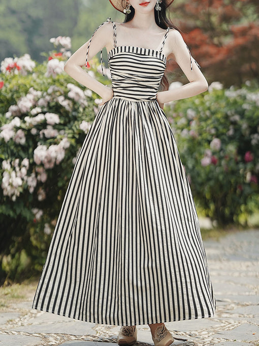 1950S Hepburn Style Black and White Stripe Swing Dress For Women