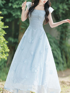 Baby Blue Sea Salt Flowers Delicate Fabric Square Neck Vintage Midi Cute Dress