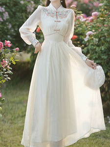 White Embroidered Long Sleeve Dress with Frog Buttons