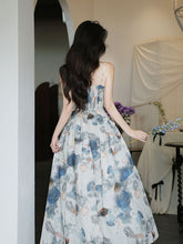 Load image into Gallery viewer, 2PS Blue Floral Print Spaghetti Strap 1950S Vintage Dress With Long Sleeve Cardigan