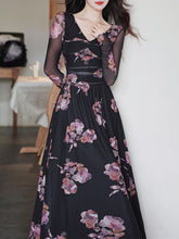 Load image into Gallery viewer, Black V-neck Floral Print Long Sleeve Maxi Dress