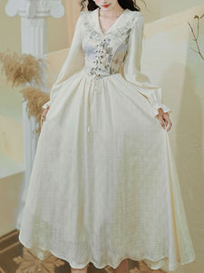 White V Neck Printed Long Sleeve Corset Vintage Dress